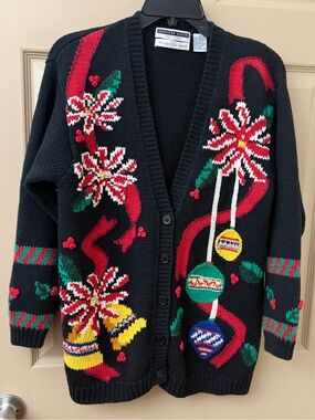 Vintage Jennifer Moore Hand Knit Black Holiday Cardigan Sweater with Poinsettias